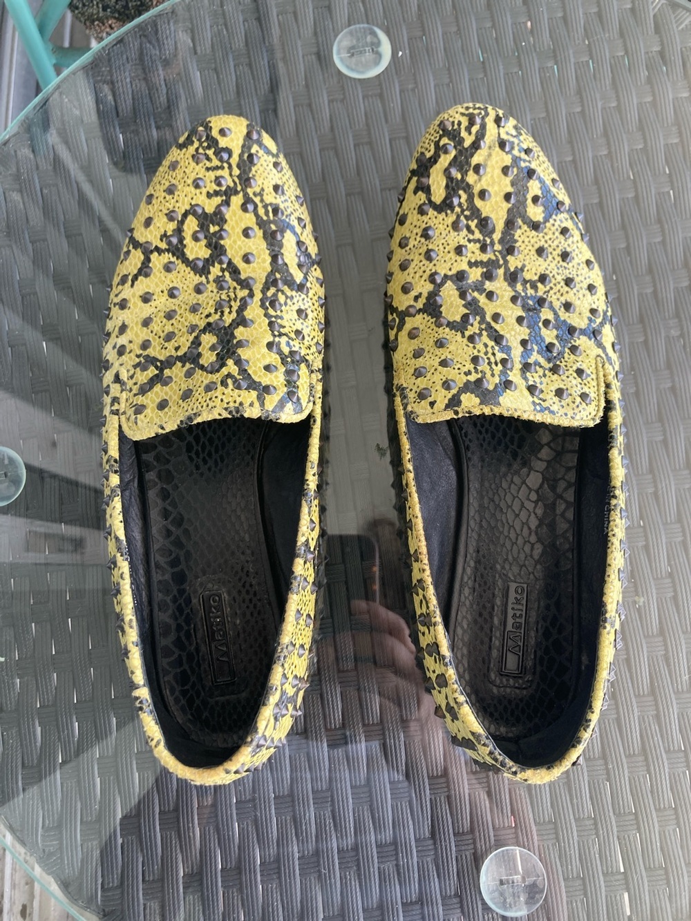 Matiko Yellow and Black Snake-Print Loafers